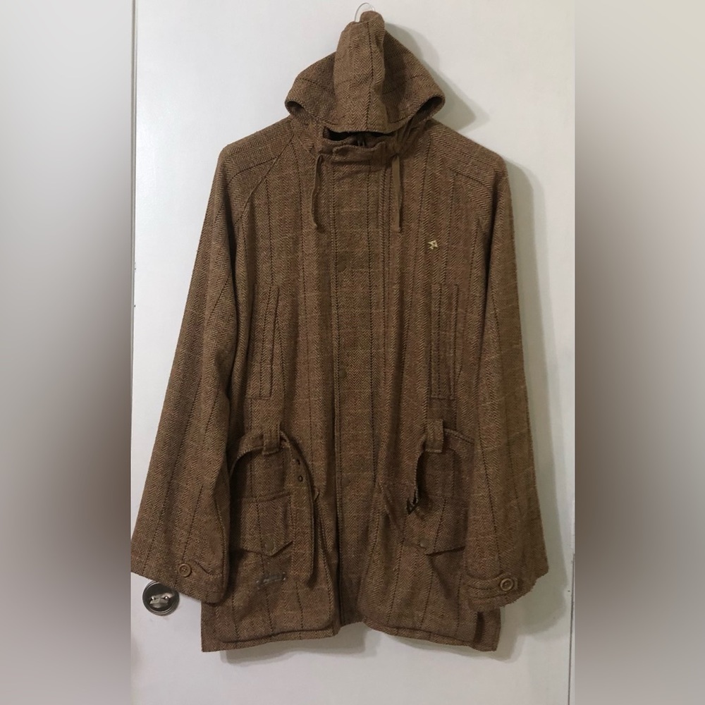 Lr gears women’s wool coat hooded zip up buttons down 5 pockets brown plaid. 4X